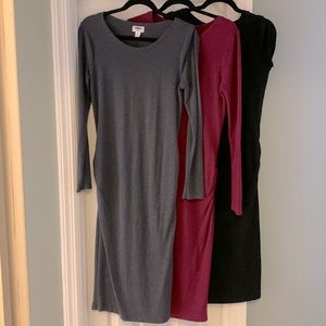 3 pack Cozy ON maternity midi dresses-blue/gray, magenta, black